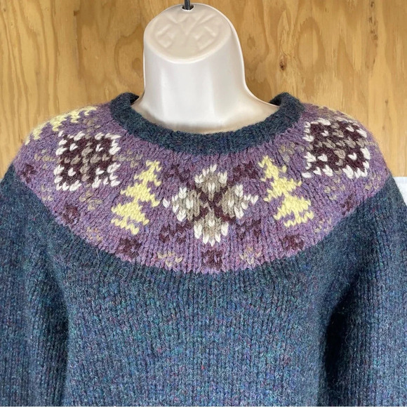 Vintage Lands’ End Shetland wool sweater hand knit fair isle purple blue medium - Picture 7 of 8